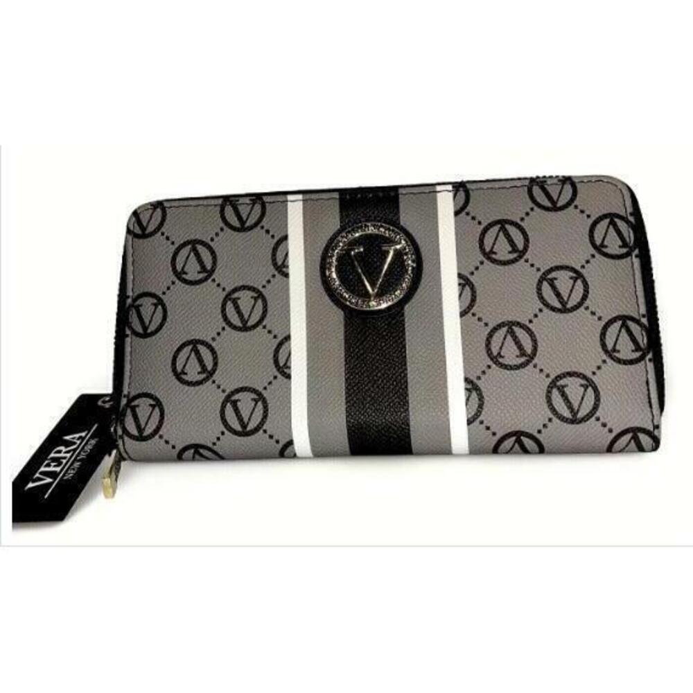 Vera New York Zip Around Wallet Gray/Black Stripe Designer NWT